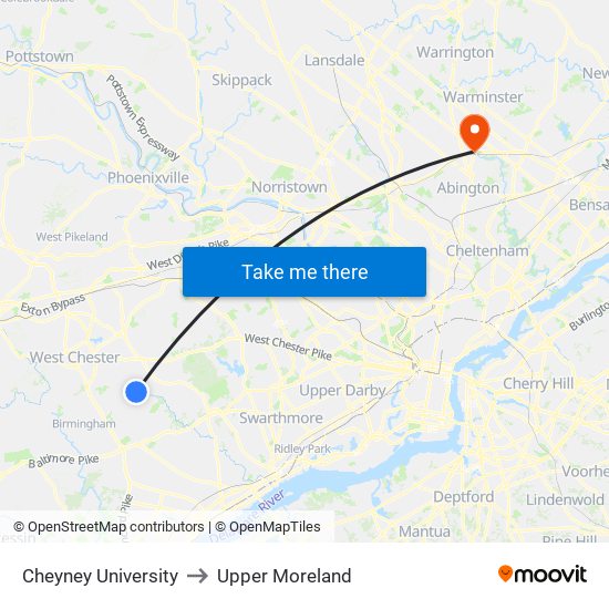 Cheyney University to Upper Moreland map
