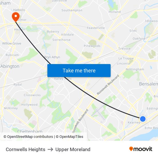 Cornwells Heights to Upper Moreland map