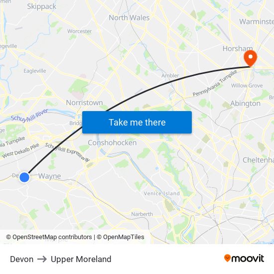 Devon to Upper Moreland map