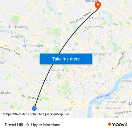 Drexel Hill to Upper Moreland map