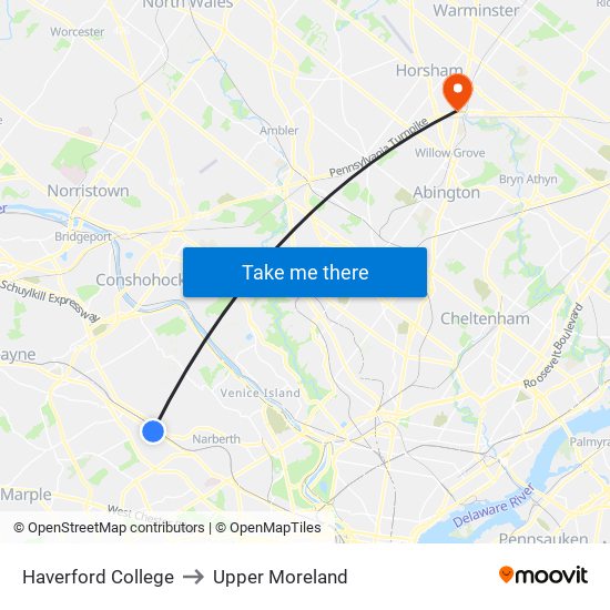 Haverford College to Upper Moreland map