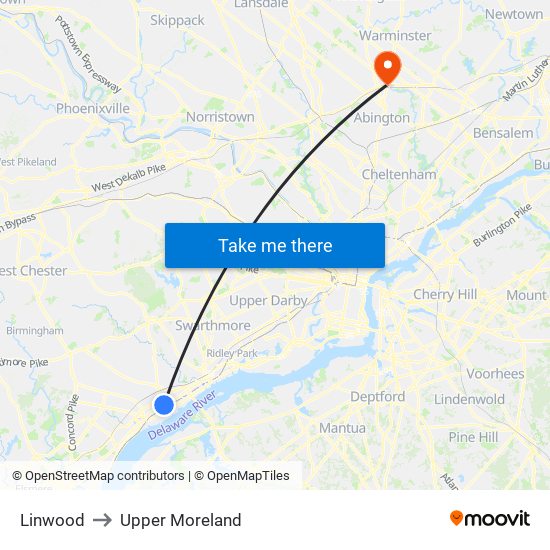 Linwood to Upper Moreland map