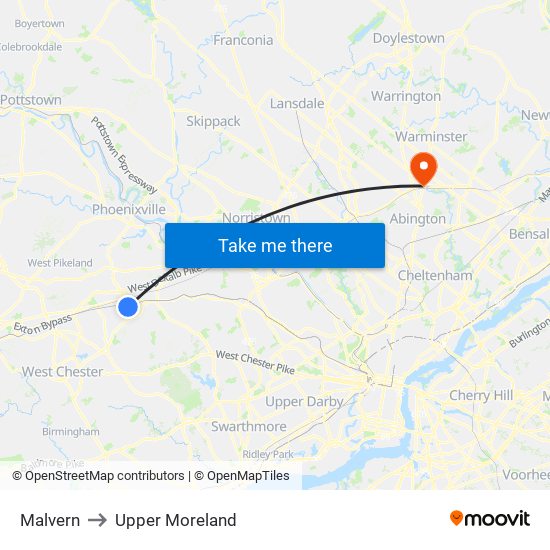 Malvern to Upper Moreland map