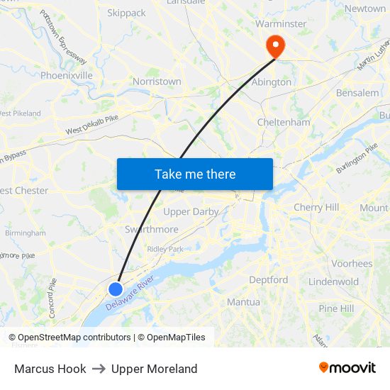 Marcus Hook to Upper Moreland map