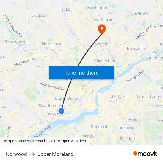 Norwood to Upper Moreland map