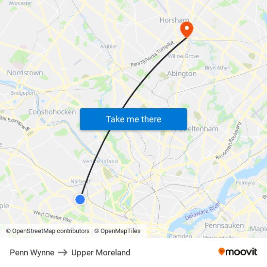 Penn Wynne to Upper Moreland map