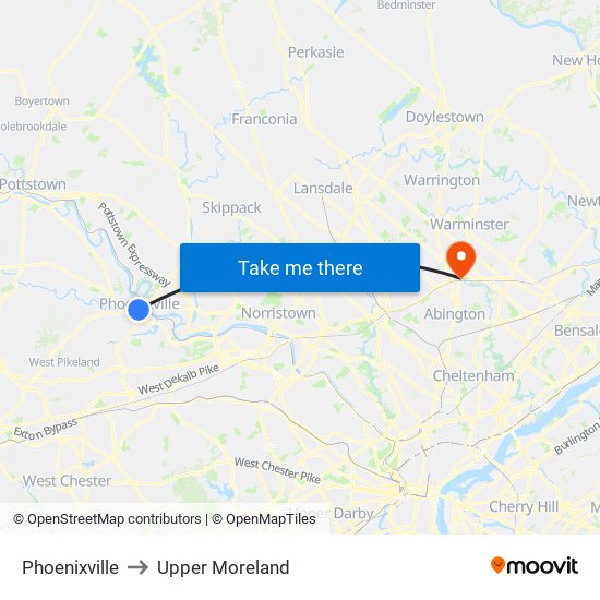 Phoenixville to Upper Moreland map