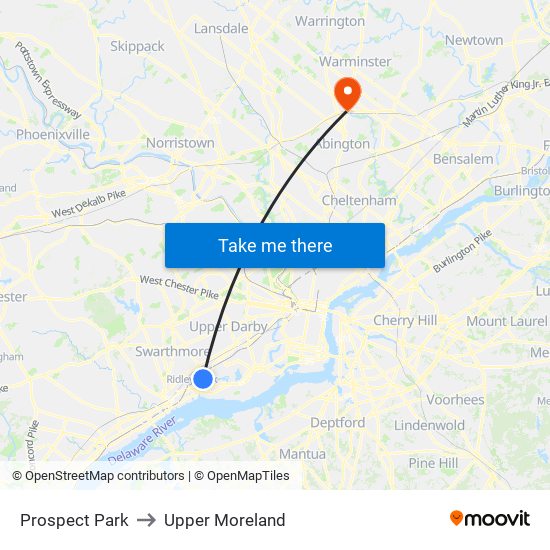 Prospect Park to Upper Moreland map