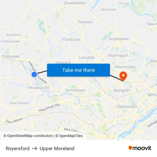 Royersford to Upper Moreland map