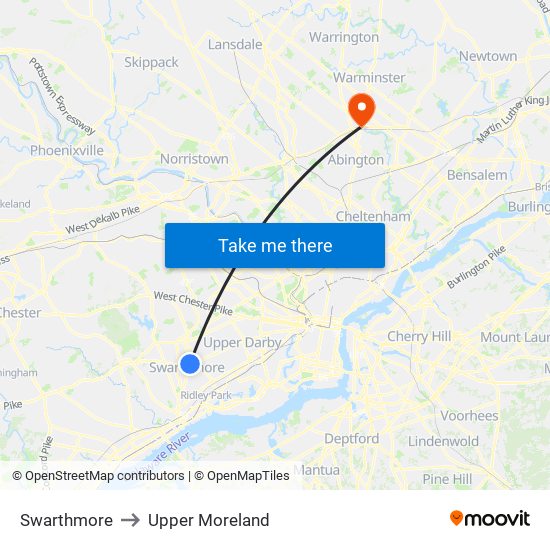 Swarthmore to Upper Moreland map