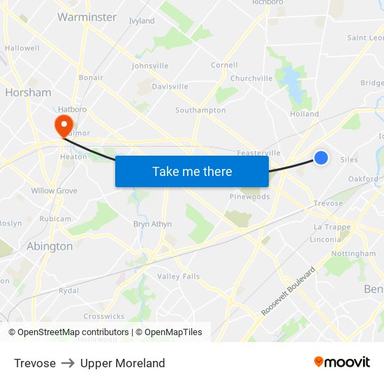 Trevose to Upper Moreland map