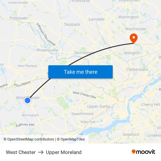 West Chester to Upper Moreland map