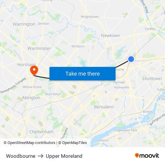 Woodbourne to Upper Moreland map