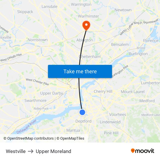 Westville to Upper Moreland map