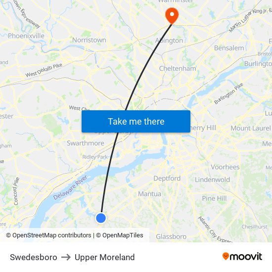 Swedesboro to Upper Moreland map