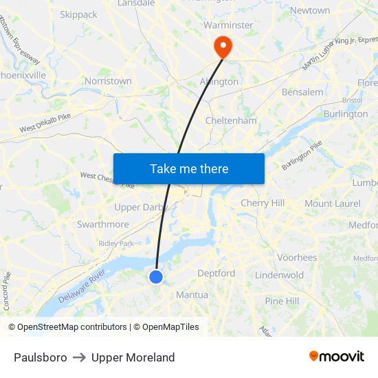 Paulsboro to Upper Moreland map