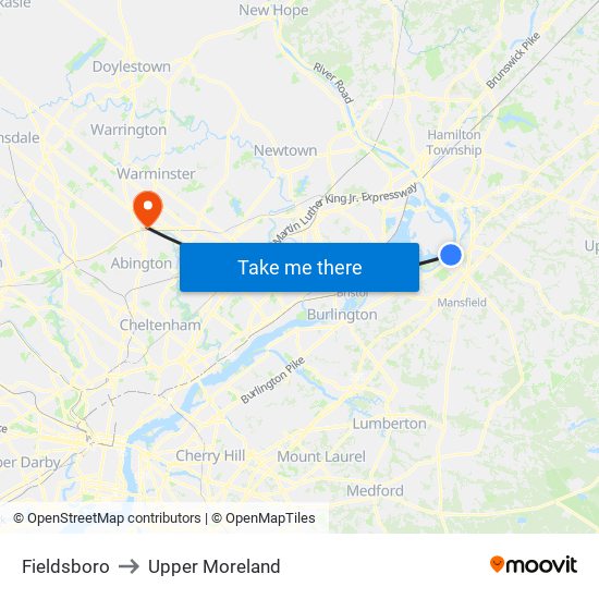 Fieldsboro to Upper Moreland map