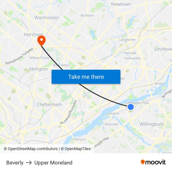 Beverly to Upper Moreland map