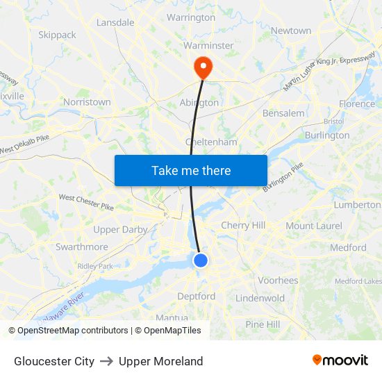 Gloucester City to Upper Moreland map