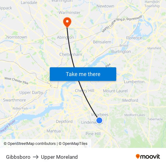 Gibbsboro to Upper Moreland map