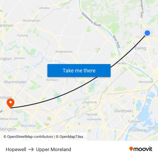 Hopewell to Upper Moreland map