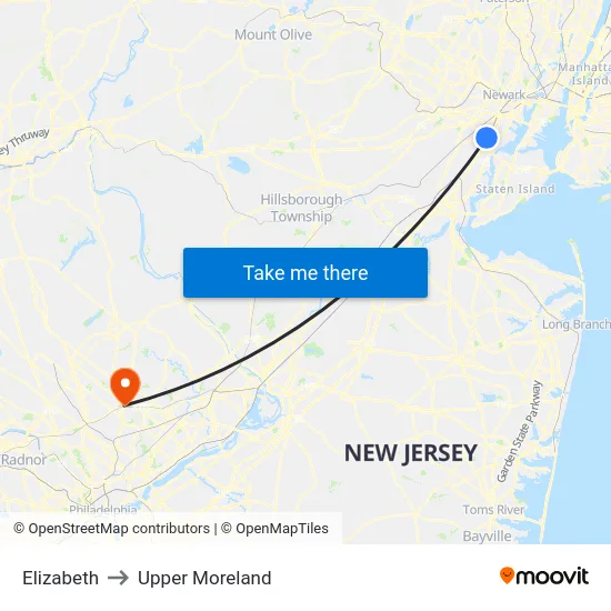 Elizabeth to Upper Moreland map