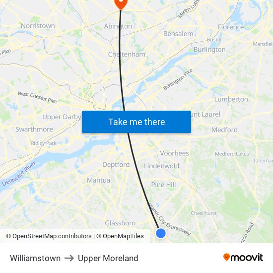 Williamstown to Upper Moreland map