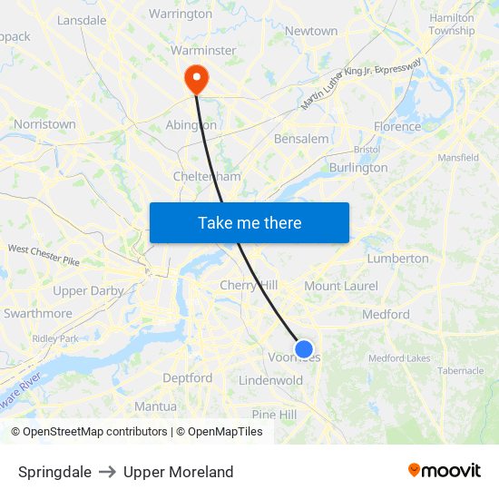 Springdale to Upper Moreland map