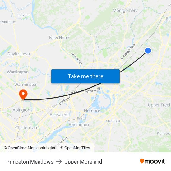 Princeton Meadows to Upper Moreland map