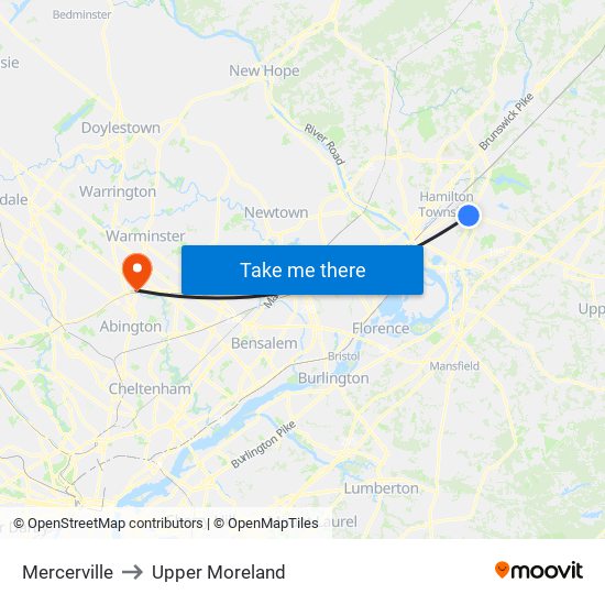 Mercerville to Upper Moreland map