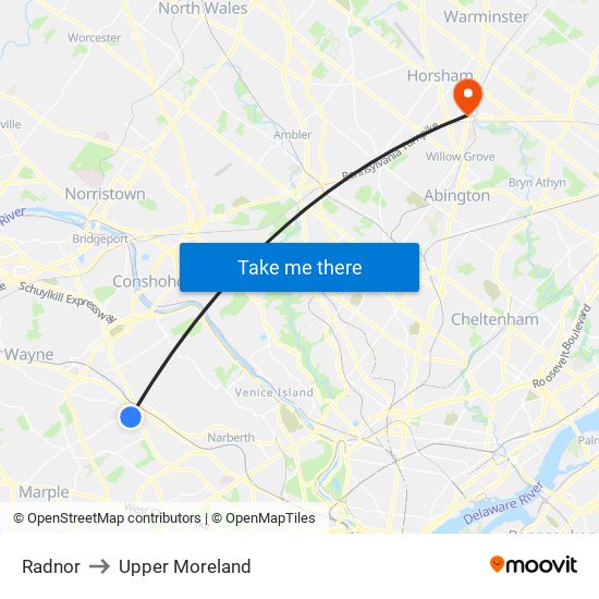 Radnor to Upper Moreland map