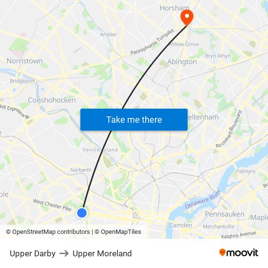 Upper Darby to Upper Moreland map