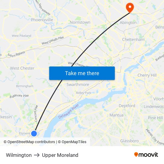 Wilmington to Upper Moreland map