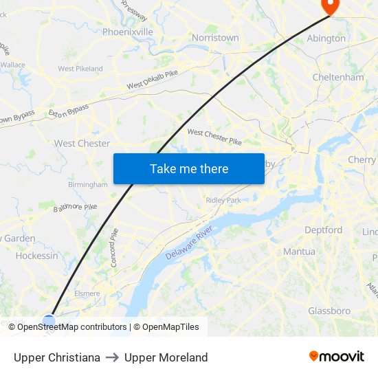 Upper Christiana to Upper Moreland map
