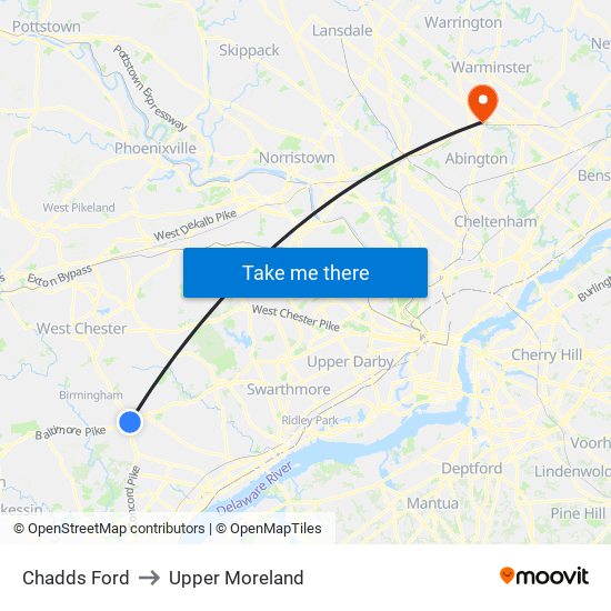 Chadds Ford to Upper Moreland map