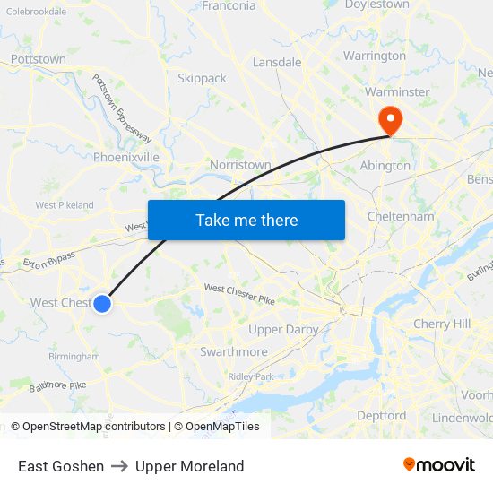 East Goshen to Upper Moreland map