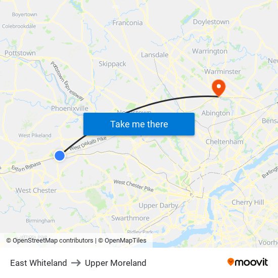 East Whiteland to Upper Moreland map