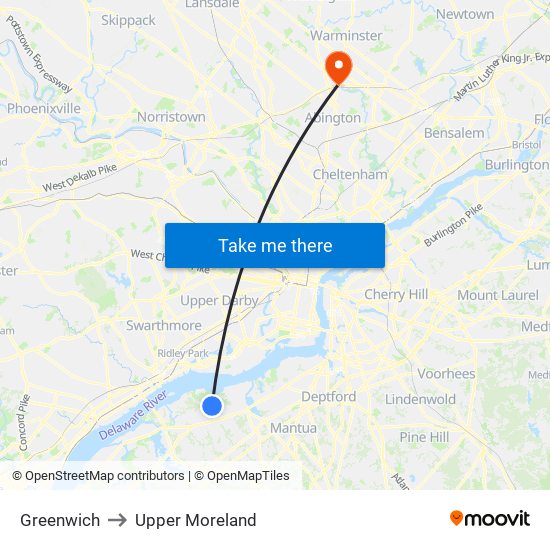 Greenwich to Upper Moreland map