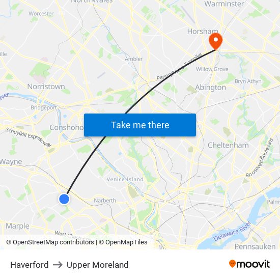 Haverford to Upper Moreland map