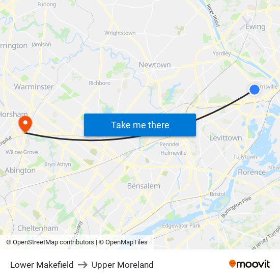 Lower Makefield to Upper Moreland map