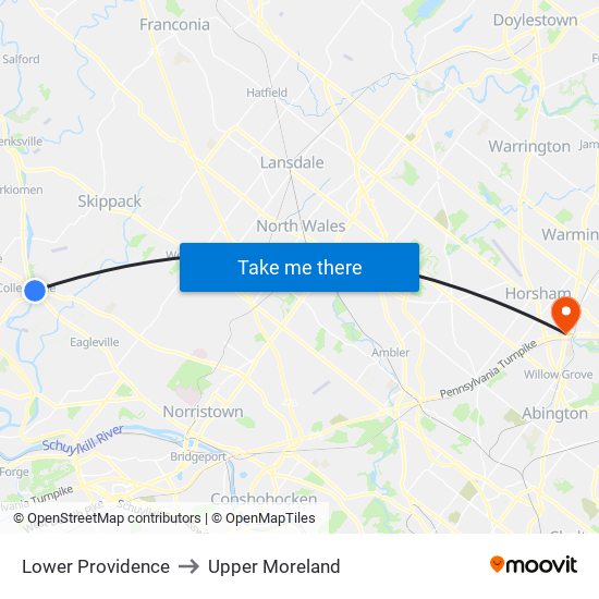 Lower Providence to Upper Moreland map