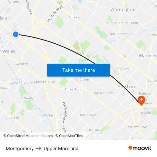 Montgomery to Upper Moreland map