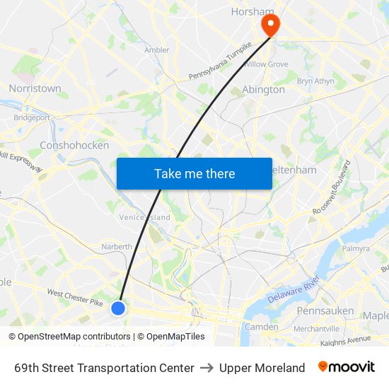 69th Street Transportation Center to Upper Moreland map