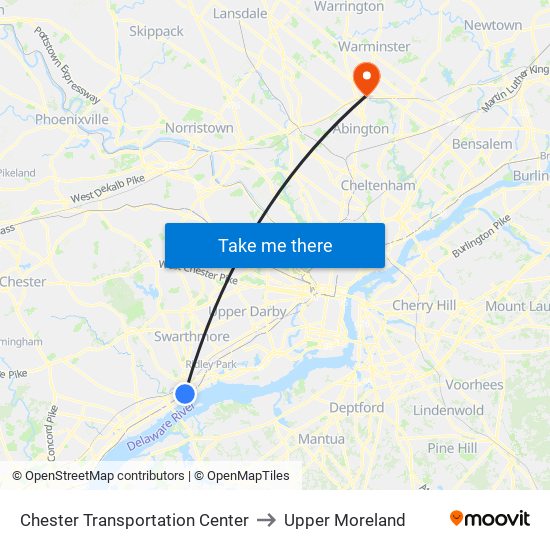 Chester Transportation Center to Upper Moreland map