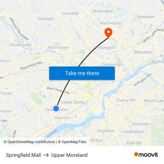 Springfield Mall to Upper Moreland map