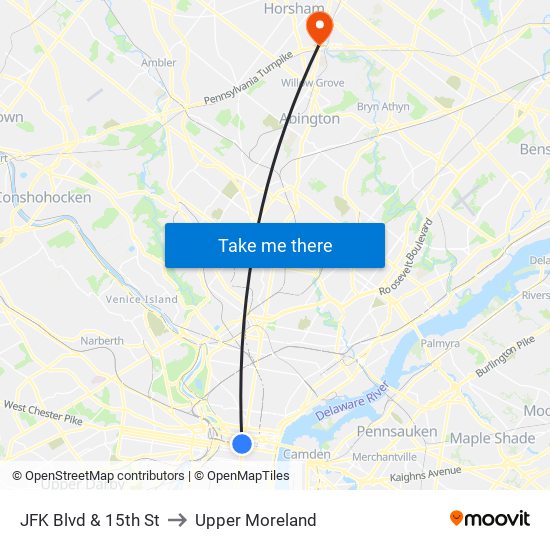 JFK Blvd & 15th St to Upper Moreland map