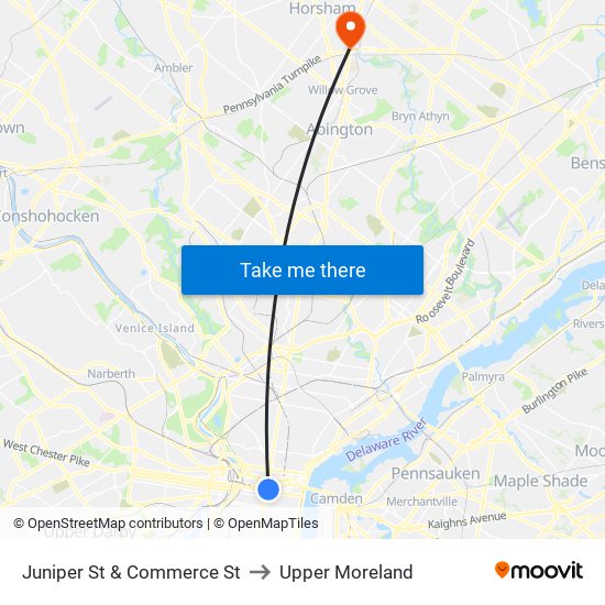 Juniper St & Commerce St to Upper Moreland map