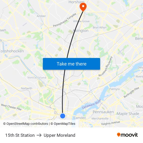 15th St Station to Upper Moreland map