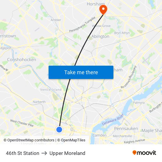 46th St Station to Upper Moreland map