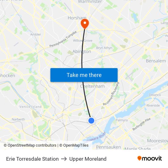 Erie Torresdale Station to Upper Moreland map